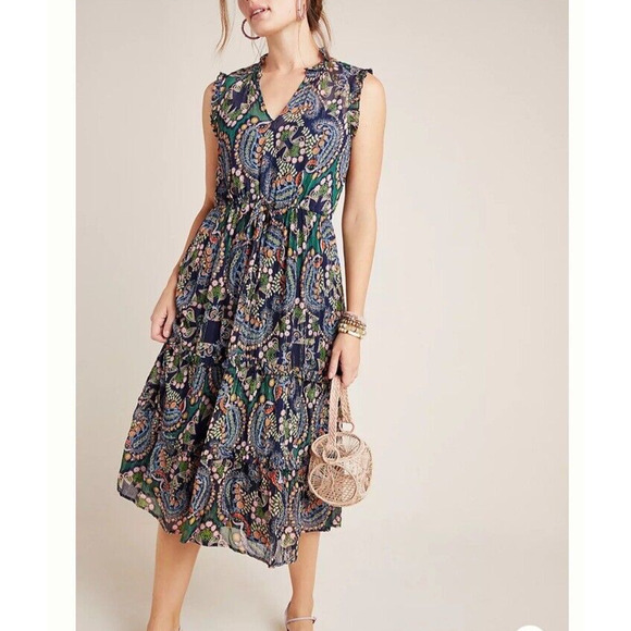 Anthropologie Size 0 Dress Elmira Ruffled MIDI Drawstring Waist Paisley Navy - Picture 1 of 13